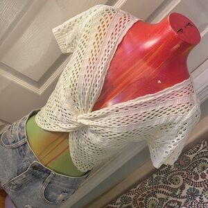 Festival Ready Cream Ruched Knot Knit Tie Front Crop Top with Short Sleeves